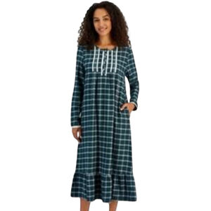 Charter Club Green Plaid Flannel Night Gown, M, Lace Trim